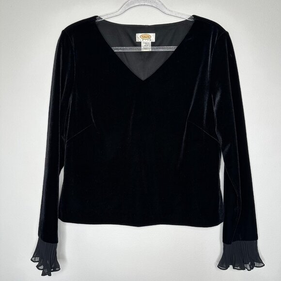 Vintage Talbots Black Velvet Top Size 14 Chiffon Cuffs - Picture 1 of 9